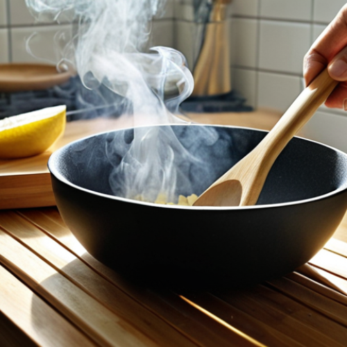 Home 11 **Prompt 1: The Eco-Friendly Kitchen Dilemma**
A modern kitchen counter displays an assortment of "eco-friendly" kitchen tools: bamboo cutting boards, silicone spatulas, and wooden utensils. A person, with a slightly concerned and thoughtful expression, is looking closely at one of the tools, perhaps holding a bamboo spoon over a steaming pot or near a lemon. Subtle, abstract visual elements, like faint, almost imperceptible wisps or particles, hint at hidden chemical interactions or safety questions. The lighting is contemplative, emphasizing the internal conflict between sustainability ideals and health concerns.