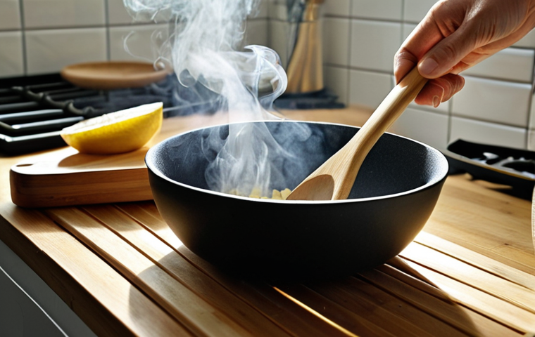 **Prompt 1: The Eco-Friendly Kitchen Dilemma**
A modern kitchen counter displays an assortment of "eco-friendly" kitchen tools: bamboo cutting boards, silicone spatulas, and wooden utensils. A person, with a slightly concerned and thoughtful expression, is looking closely at one of the tools, perhaps holding a bamboo spoon over a steaming pot or near a lemon. Subtle, abstract visual elements, like faint, almost imperceptible wisps or particles, hint at hidden chemical interactions or safety questions. The lighting is contemplative, emphasizing the internal conflict between sustainability ideals and health concerns.