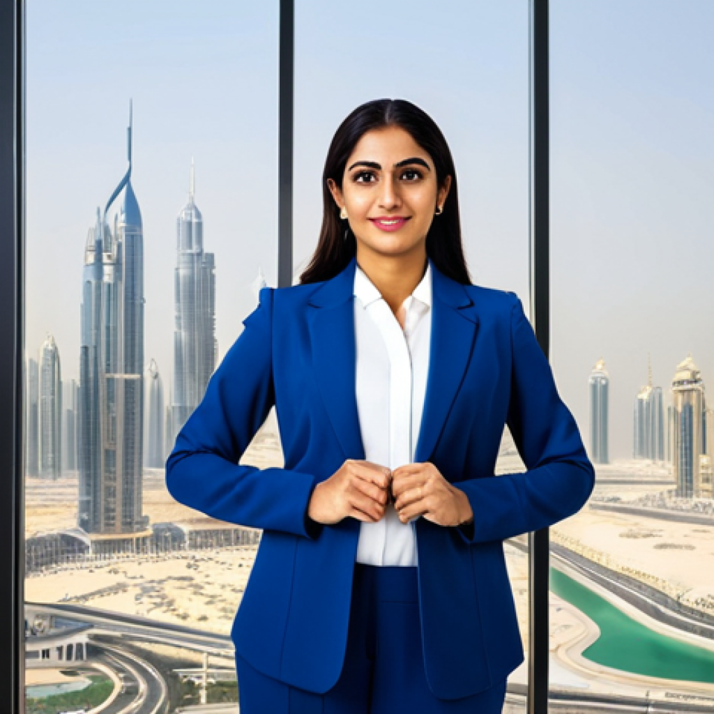 **
"A professional Arab woman, fully clothed in a modest, elegant business suit, standing confidently in a bright, modern office in Dubai, United Arab Emirates. The background features iconic skyscrapers. Perfect anatomy, correct proportions, well-formed hands, proper finger count, natural body proportions. Safe for work, appropriate content, professional, family-friendly, high-quality, professional photography."
**