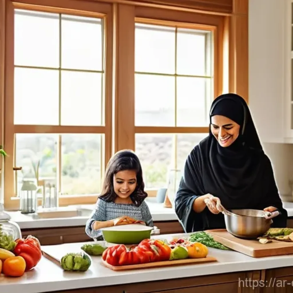 친환경 조리 도구의 선택 기준 - **Prompt:** A cozy, sunlit kitchen scene with an Arab family happily preparing a meal together. The ...