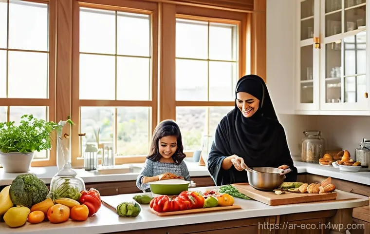 친환경 조리 도구의 선택 기준 - **Prompt:** A cozy, sunlit kitchen scene with an Arab family happily preparing a meal together. The ...