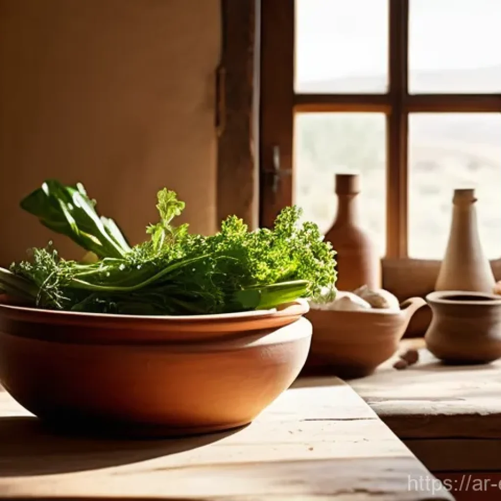 친환경 주방 도구를 활용한 요리법 - A cozy, sun-drenched kitchen with a rustic charm. In the foreground, a beautifully handcrafted clay ...