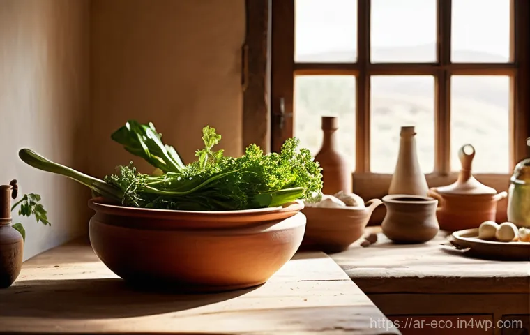 친환경 주방 도구를 활용한 요리법 - A cozy, sun-drenched kitchen with a rustic charm. In the foreground, a beautifully handcrafted clay ...