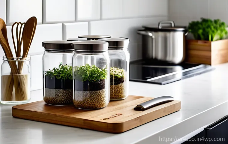 친환경 주방 도구를 활용한 요리법 - A joyful and educational family cooking scene in a brightly lit, modern kitchen. A diverse family, c...