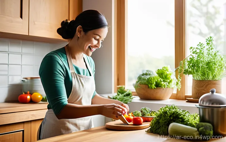 친환경 주방 도구 사용의 효과 - **Prompt 1: A Family's Healthy Kitchen Moment**
"A cozy, sunlit kitchen interior with a warm, in...