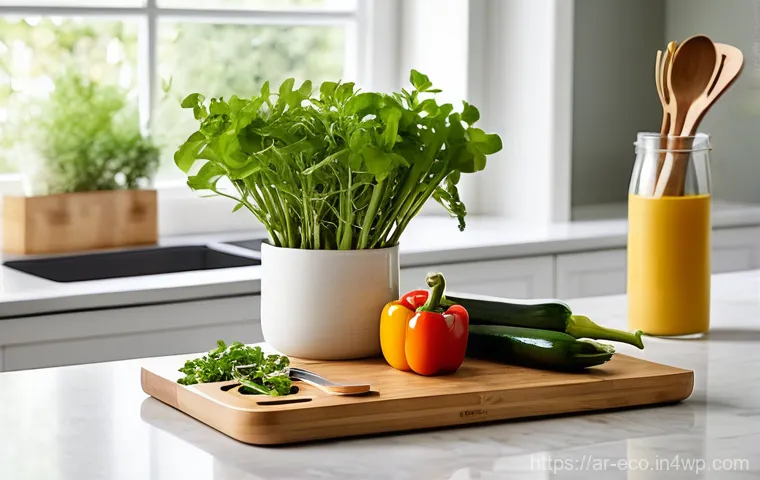 가정에서 사용할 수 있는 친환경 조리 도구 - **Prompt 1: The Serene Bamboo Kitchen Oasis**
A bright, clean, and minimalist kitchen scene bath...