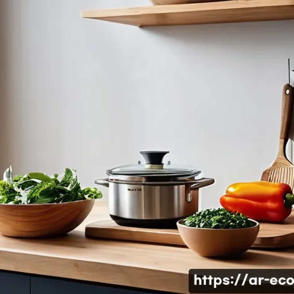 친환경 주방 도구로 만드는 간편식 레시피 - A bright and airy kitchen with a contemporary, minimalist design. Sunlight bathes the scene, highlig...