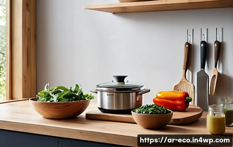 친환경 주방 도구로 만드는 간편식 레시피 - A bright and airy kitchen with a contemporary, minimalist design. Sunlight bathes the scene, highlig...