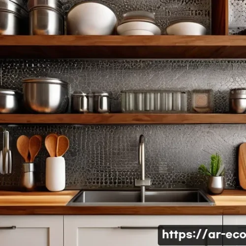 Home 33 주방 도구 선택 시 환경적 고려 사항 - A modern Arabic kitchen interior showcasing eco-friendly kitchen utensils made from natural wood, st...