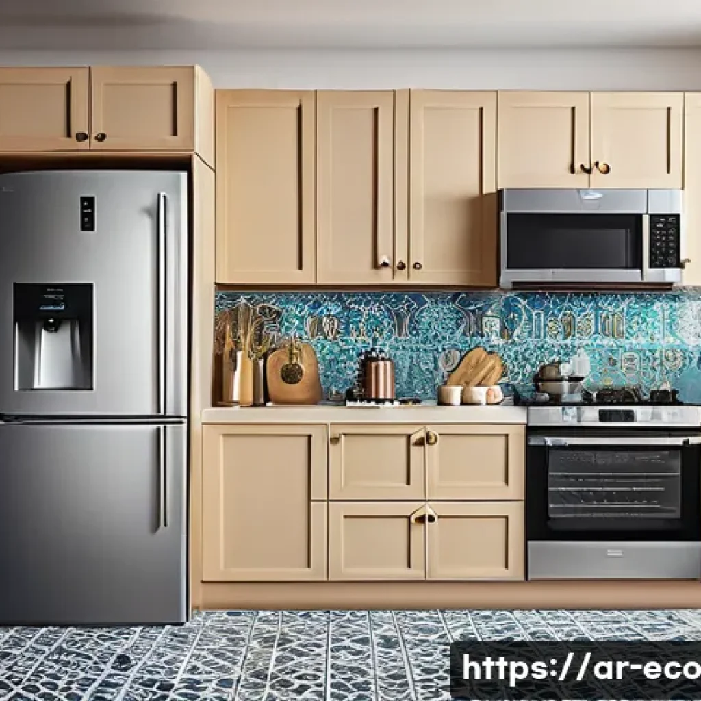 주방 도구의 에너지 절약 효과 - A modern Middle Eastern kitchen scene featuring energy-efficient home appliances with clear Arabic e...