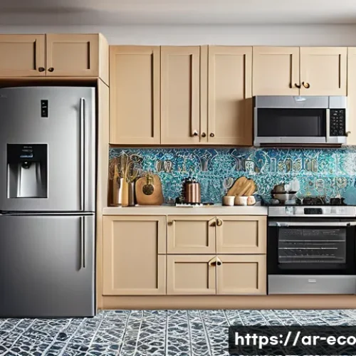 Home 32 주방 도구의 에너지 절약 효과 - A modern Middle Eastern kitchen scene featuring energy-efficient home appliances with clear Arabic e...