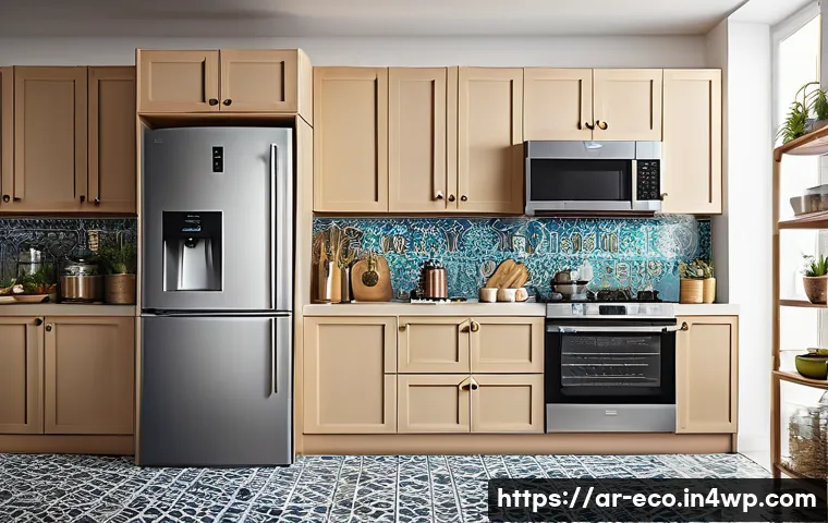 주방 도구의 에너지 절약 효과 - A modern Middle Eastern kitchen scene featuring energy-efficient home appliances with clear Arabic e...