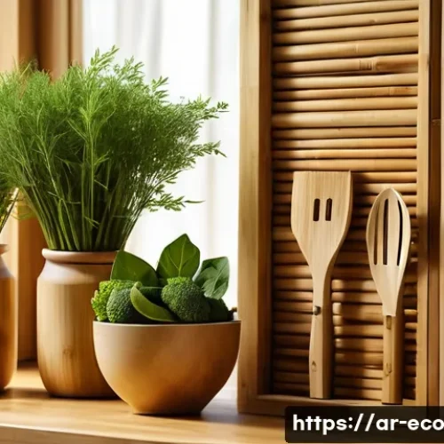 Home 31 에코 프렌들리 주방 도구의 시장 전망 - A modern kitchen scene featuring eco-friendly kitchen tools made from bamboo and natural wood, arran...
