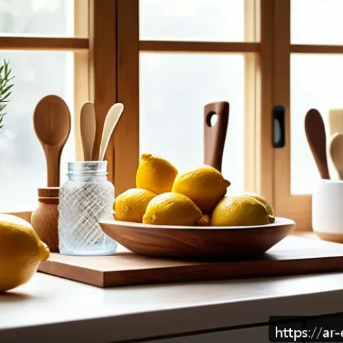 Home 30 에코 주방 도구 유지 보수 방법 - A cozy, sunlit kitchen scene featuring eco-friendly kitchen tools made of natural wood, silicone, an...