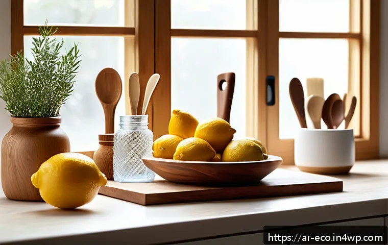 에코 주방 도구 유지 보수 방법 - A cozy, sunlit kitchen scene featuring eco-friendly kitchen tools made of natural wood, silicone, an...