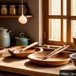 Home 23 친환경 주방 도구와 건강의 관계 - A warm and inviting Middle Eastern kitchen scene featuring natural wooden kitchen utensils such as o...