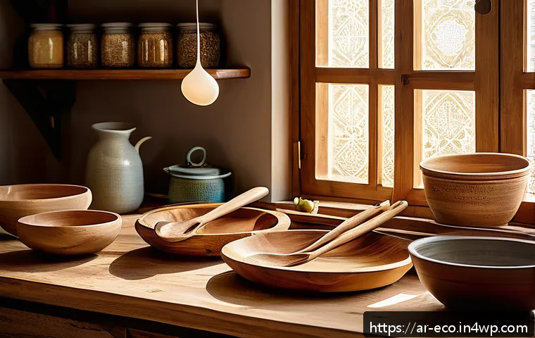 친환경 주방 도구와 건강의 관계 - A warm and inviting Middle Eastern kitchen scene featuring natural wooden kitchen utensils such as o...