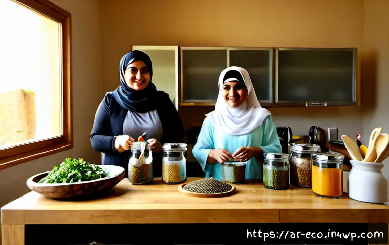 주방에서의 친환경 라이프스타일 실천하기 - Photorealistic bright modern Arabic family kitchen, a modestly dressed Middle Eastern woman preparin...