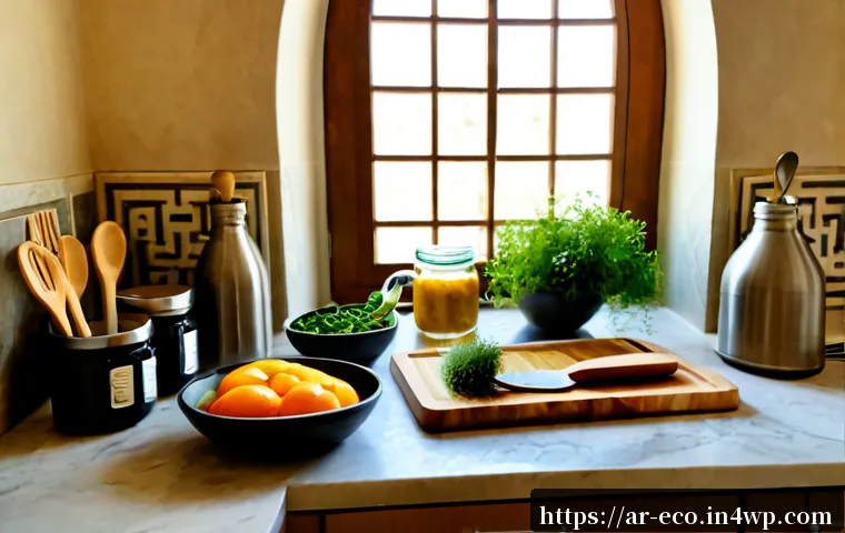 주방 도구의 친환경 트렌드 분석 - Photorealistic modern Arab family kitchen with a curated set of sustainable cooking tools on a light...