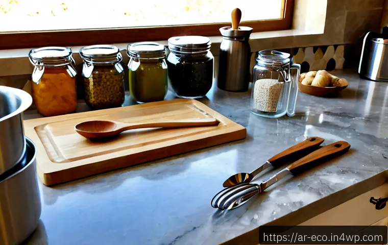 플라스틱 없는 주방 도구로 전환하기 - Photorealistic bright modern Arab family kitchen, a neatly arranged plastic-free utensil collection ...