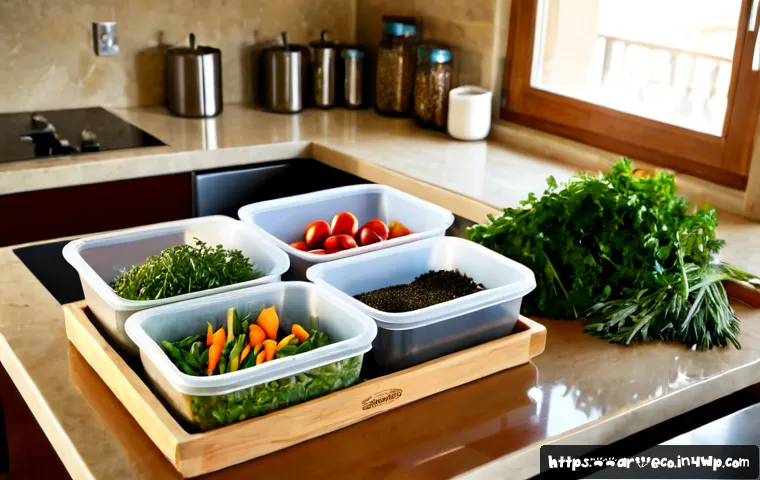 주방에서의 쓰레기 줄이기 위한 도구 - Photorealistic modern Arab family kitchen in warm morning sunlight, a tidy countertop with a stainle...
